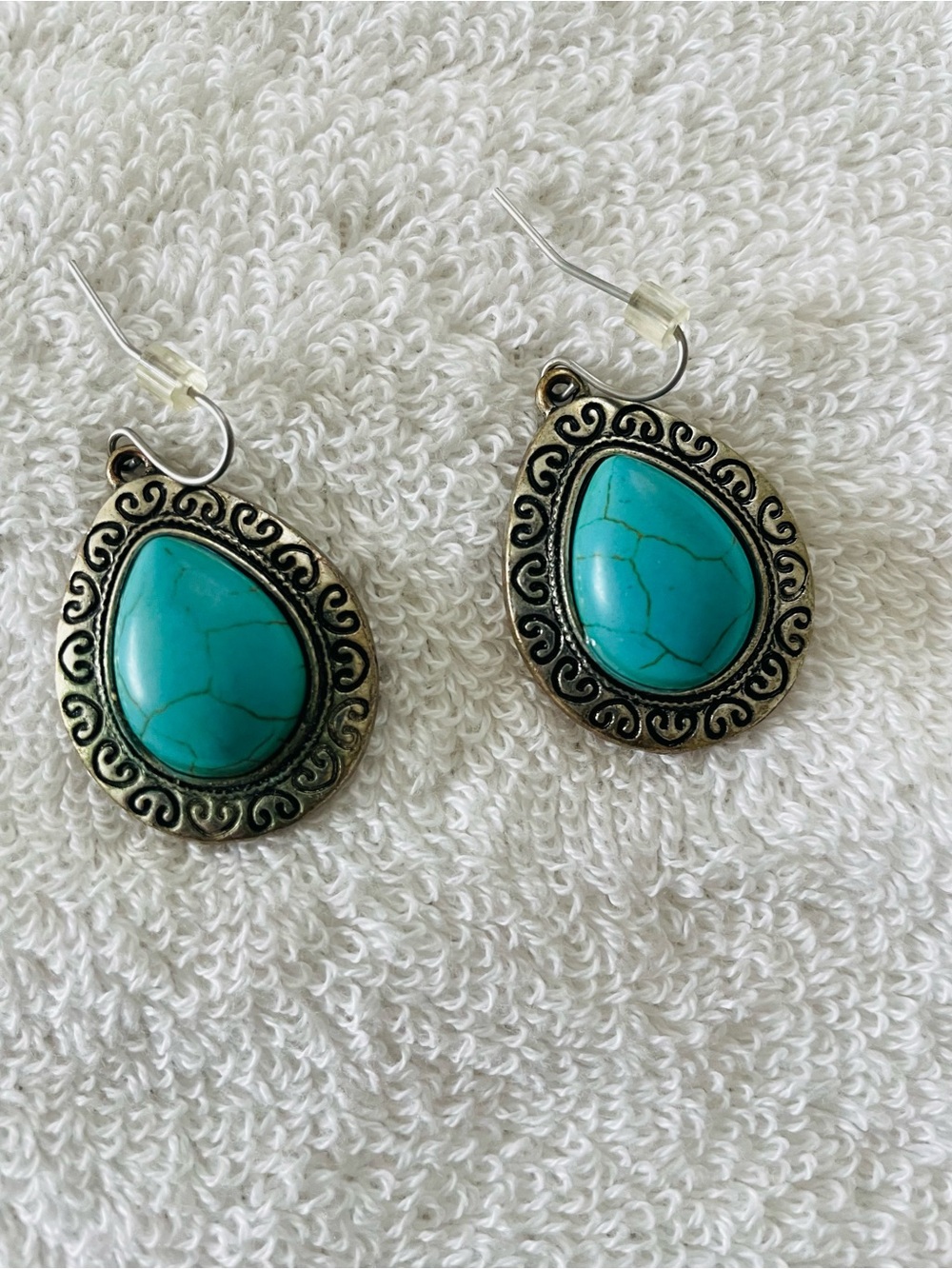 Turquoise Teardrop Dangle Earrings with Ornate Silver Accent